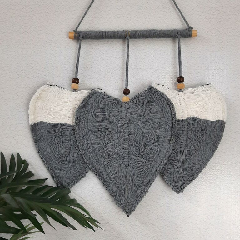 Avioni Feather Macrame Wall Hanging With Beads, Macrame Knotted Wall Tapestry, Living Room Bedroom Interior Decor-White And Grey-38 cms x 27 cms