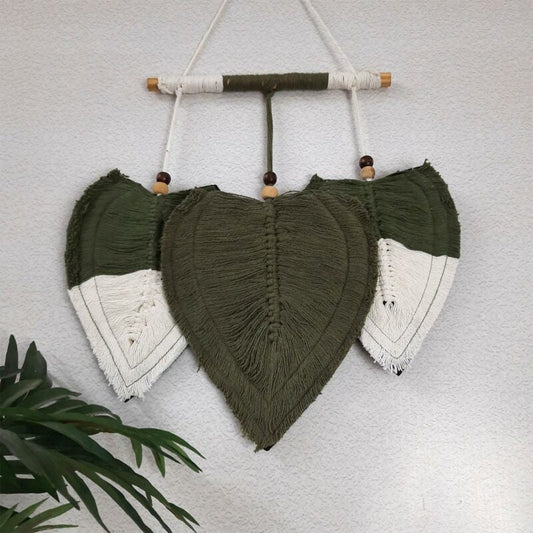 Avioni Feather Macrame Wall Hanging With Beads, Macrame Knotted Wall Tapestry, Living Room Bedroom Interior Decor-Olive And White-38 cms x 27 cms