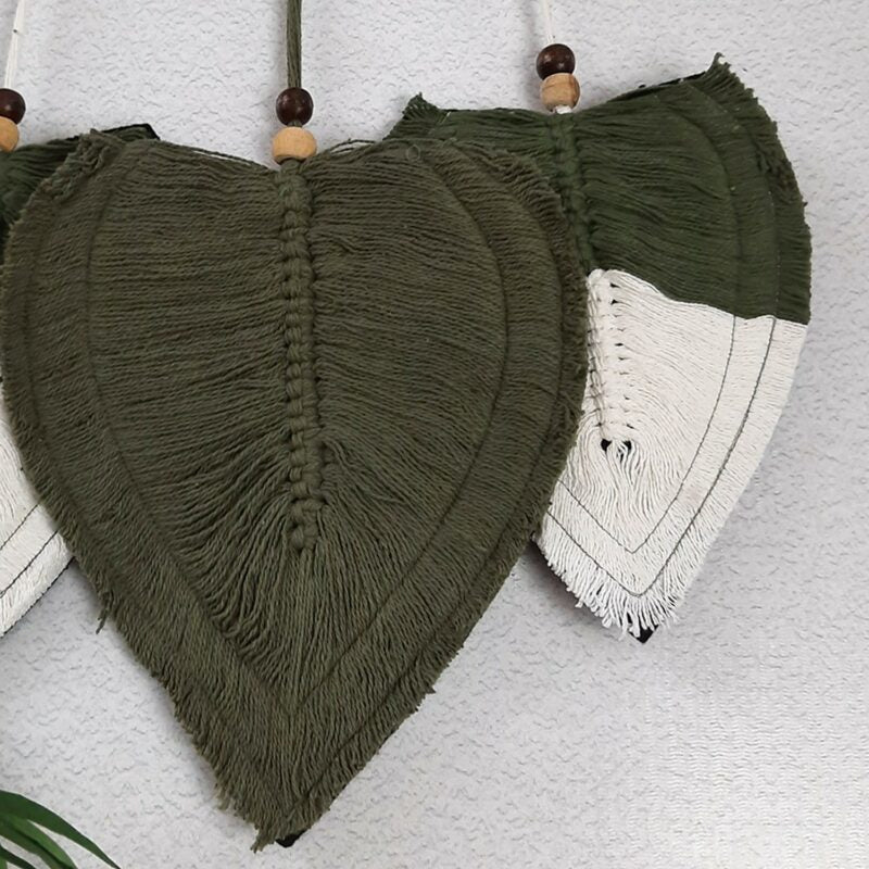 Avioni Feather Macrame Wall Hanging With Beads, Macrame Knotted Wall Tapestry, Living Room Bedroom Interior Decor-Olive And White-38 cms x 27 cms