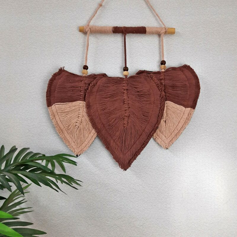 Avioni Feather Macrame Wall Hanging With Beads, Macrame Knotted Wall Tapestry, Living Room Bedroom Interior Decor-Earthern Pot Colour And Peach-38 cms x 27 cms