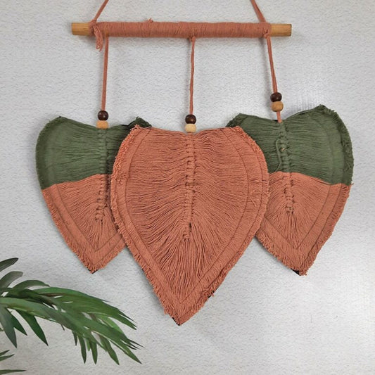 Avioni Feather Macrame Wall Hanging With Beads, Macrame Knotted Wall Tapestry, Living Room Bedroom Interior Decor-Orange And Olive-38 cms x 27 cms