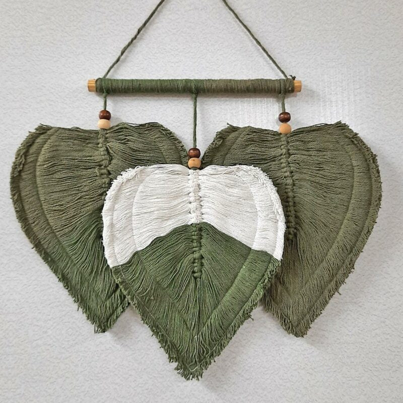 Avioni Feather Macrame Wall Hanging With Beads, Macrame Knotted Wall Tapestry, Living Room Bedroom Interior Decor-Olive And White-38 cms x 27 cms