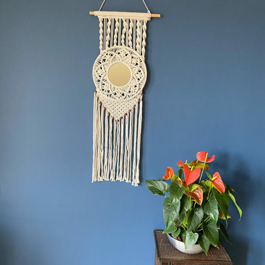 Avioni Home Boho Collection – Hand-Knitted Wall Hanging with Mirror-50cm width x 70cm height.