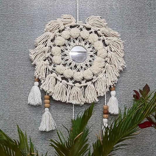 Avioni Home Boho Collection – Hand-Knitted Wall Hanging with Mirror- Flower Look-50cm width x 70cm height