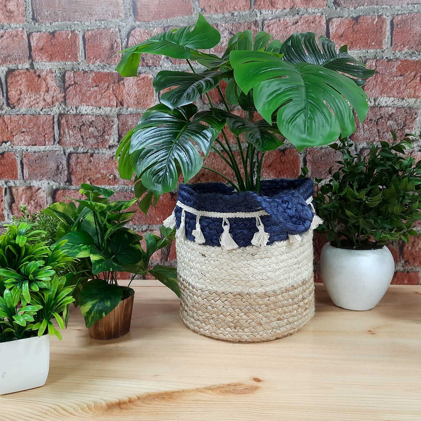 Avioni Home- Hand Braided Natural Jute Baskets With Blue And Whie Hand Decorated with Fringes Large Size- 10×10 inch (25×25 cms)