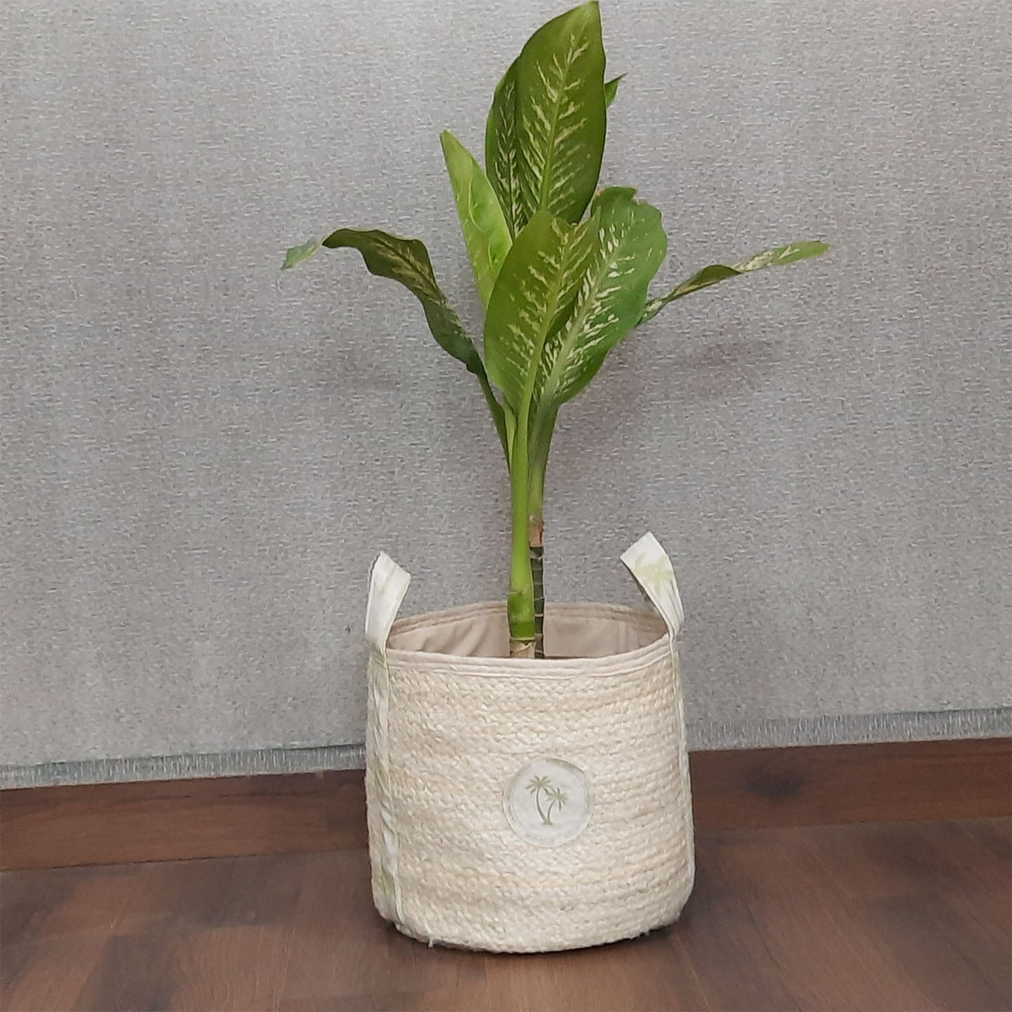 Avioni Home Hand Braided White Jute Basket | Designer Leatherette Handles | Canvas Inner for Extra Strength | Size: 28 x30 cms (~11×12 inch)