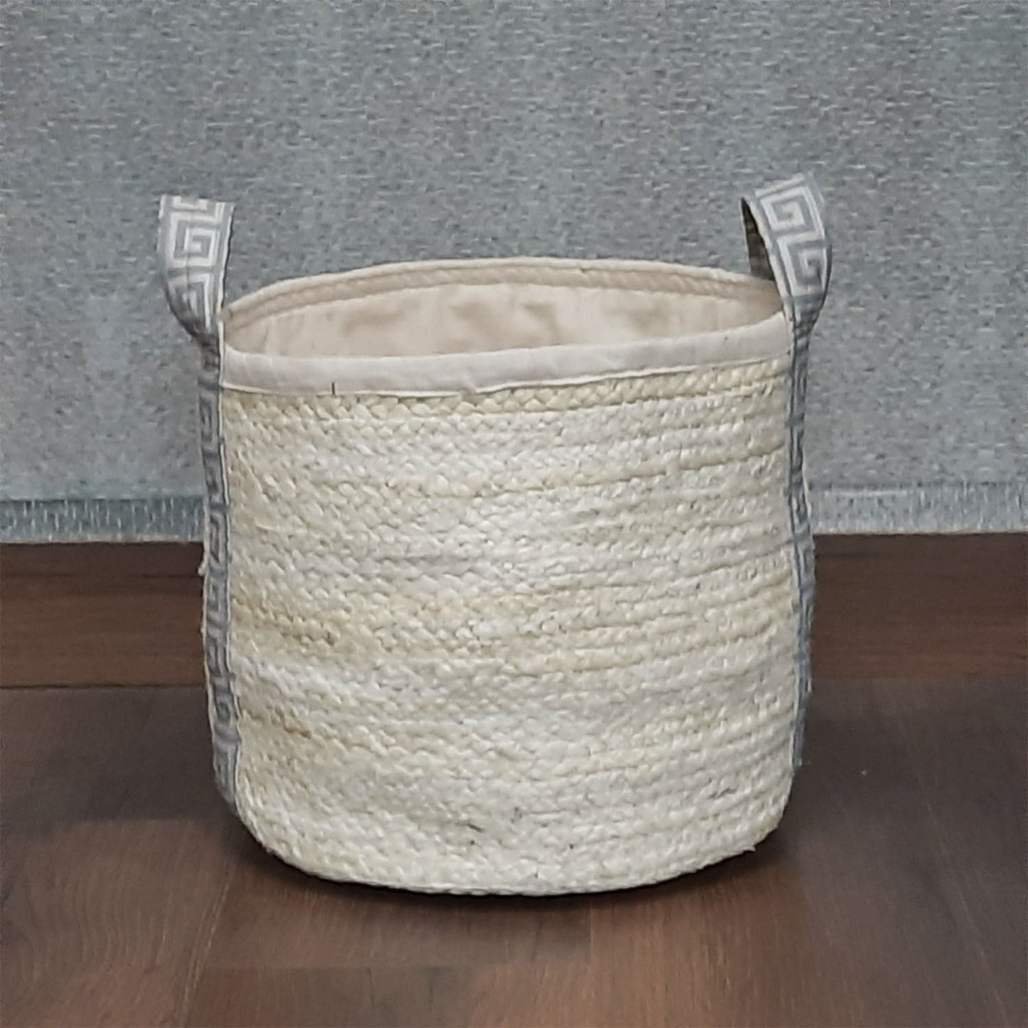 Avioni Home Hand Braided White Jute Basket | Designer Leatherette Handles | Canvas Inner for Extra Strength | Size: 28 x30 cms (~11×12 inch)