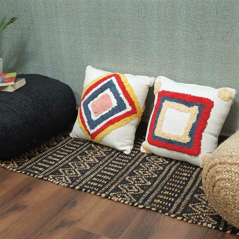 Hand Tufted 100% Cotton Sofa Cushion Cover – FREE Filler – Red And Yellow Diamond – 18X18 Inch (45×45 cms)