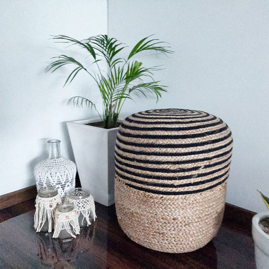 Bigmo Boho Braided Natural Jute and Black Dori Pouf Ottoman Large Size-40cm X40 cm X50 cm