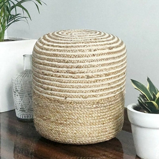 Bigmo Boho Braided Natural Jute and Multi Chindi Pouf Ottoman Large Size-40cm X40 cm X50 cm
