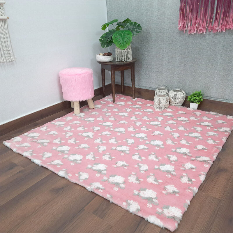 Soft Shaggy Premium Super Soft Luxury Rugs Faux Fur – Flowers on Pink Fur – Avioni Carpets