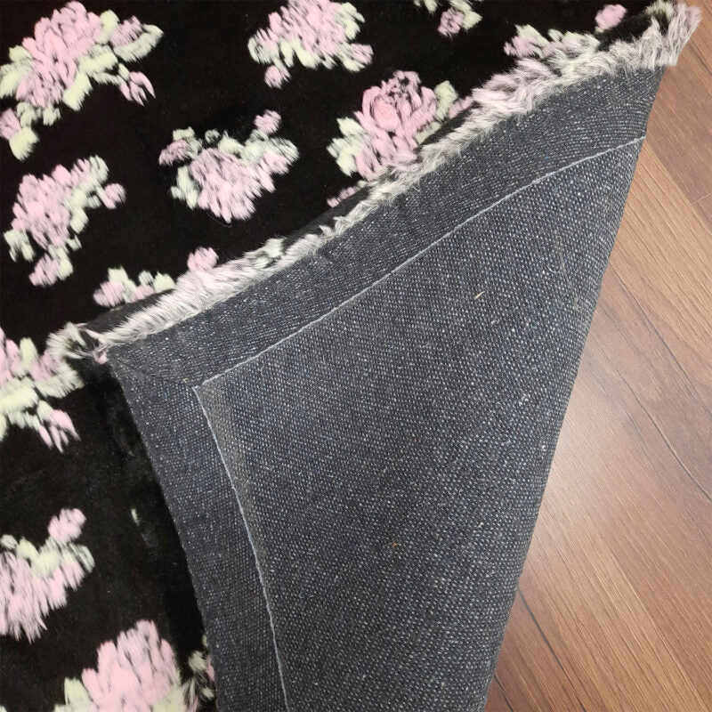 Soft Shaggy Premium Super Soft Luxury Rugs Faux Fur – Flowers on Black Fur – Avioni Carpets