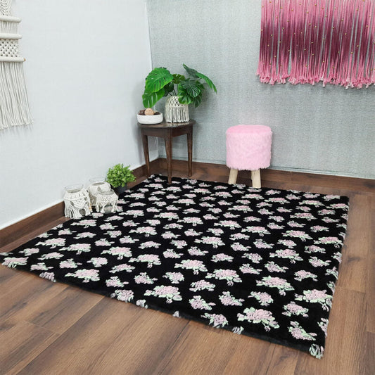 Soft Shaggy Premium Super Soft Luxury Rugs Faux Fur – Flowers on Black Fur – Avioni Carpets