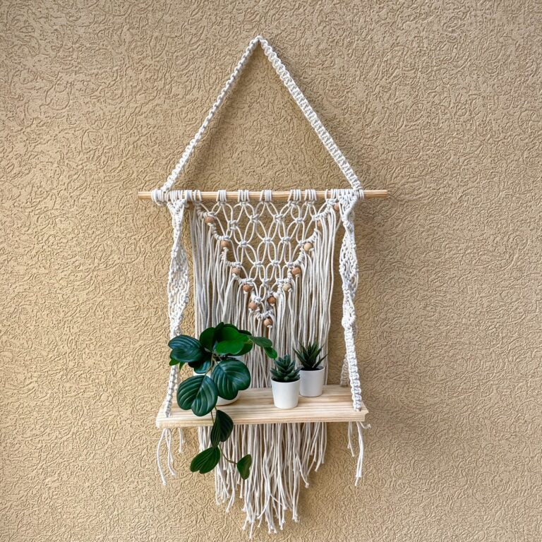 Avioni Home Boho Collection – Hand Knotted Macrame Hanging Shelf With Pine Wood Shelf-50cm width x 70cm height