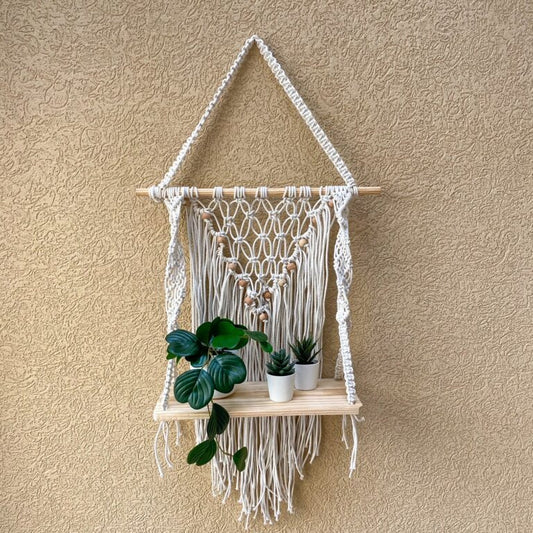 Avioni Home Boho Collection – Hand Knotted Macrame Hanging Shelf With Pine Wood Shelf-50cm width x 70cm height