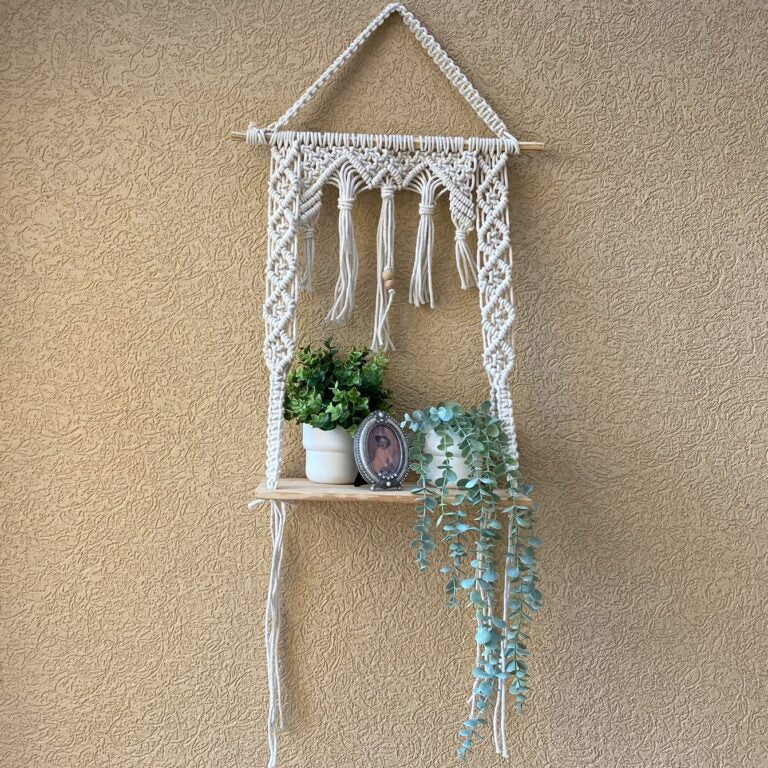 Avioni Home Boho Collection – Hand Knotted Macrame Hanging Shelf With Pine Wood Shelf-50cm width x 70cm length.
