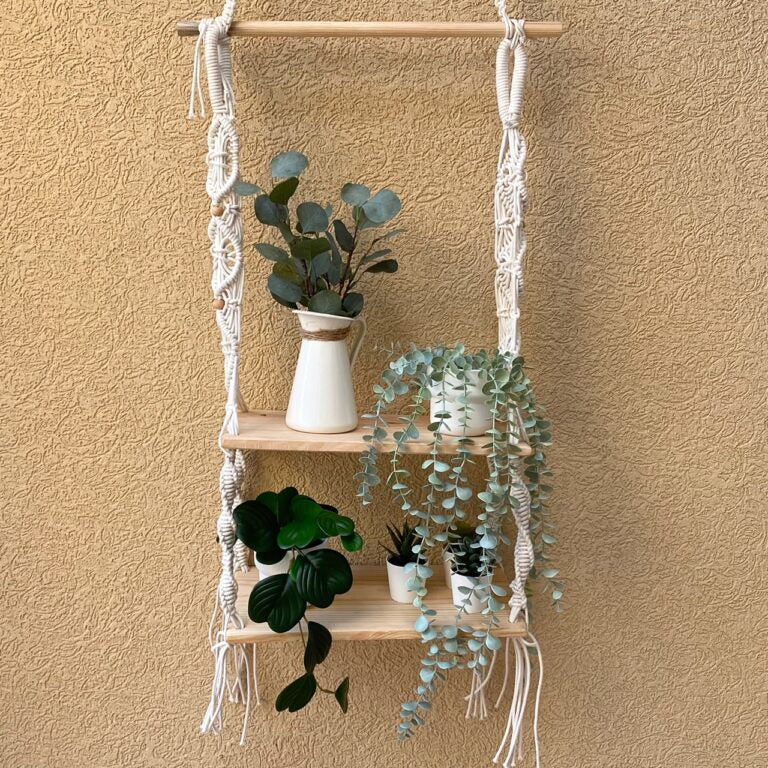 Avioni Home Boho Collection – Hand Knotted Macrame Hanging Shelf With Two Pine Wood Shelves-50cm width x 70cm length