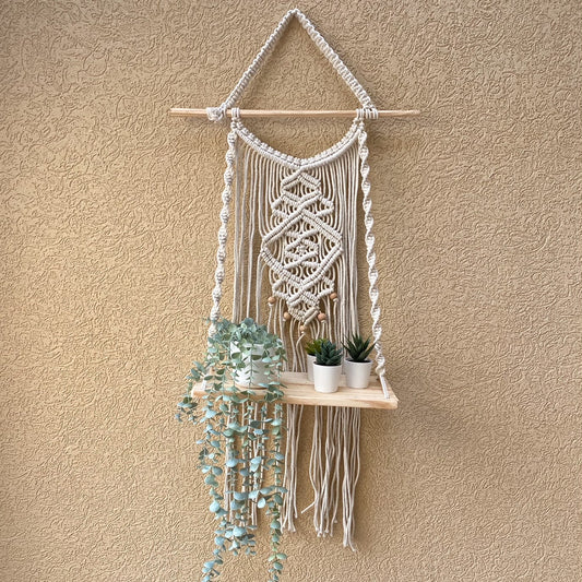 Avioni Home Boho Collection – Hand Knotted Macrame Hanging With Pine Wood Shelf-40 cms x 60 cms