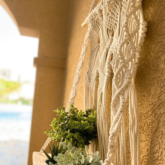 Avioni Home Boho Collection – Hand Knotted Macrame Hanging Shelf With Pine Wood Shelf-40cm width x 50cm height.