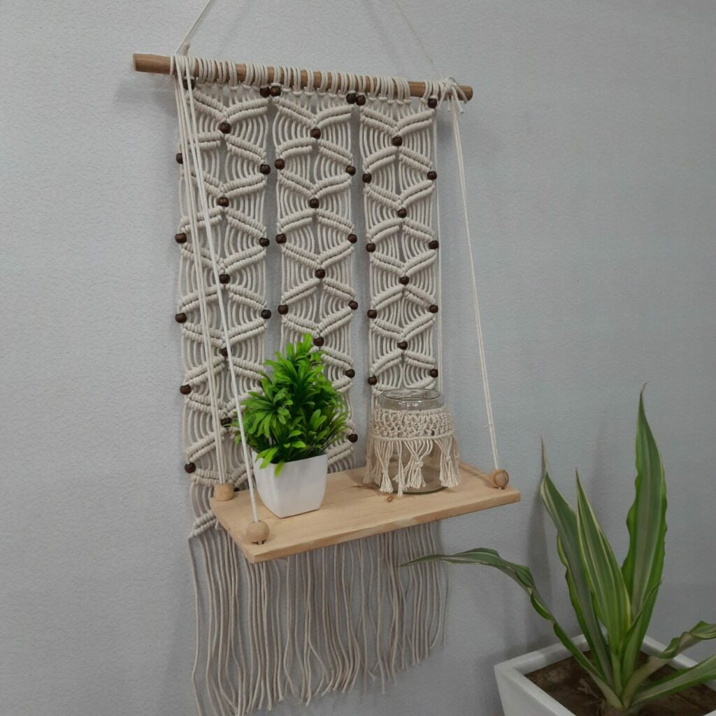 Avioni Home Boho Collection – Hand Knotted Macrame Hanging Single Shelf With Pine Wood Shelf- 40 cms x 50 cms