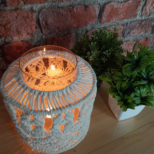 Avioni Home Hand Moulded Glass Jars With Beautifully Crafted Macrame Cover Candle Lantern-7.5 X4.5 Inches (19*11.5 cms)