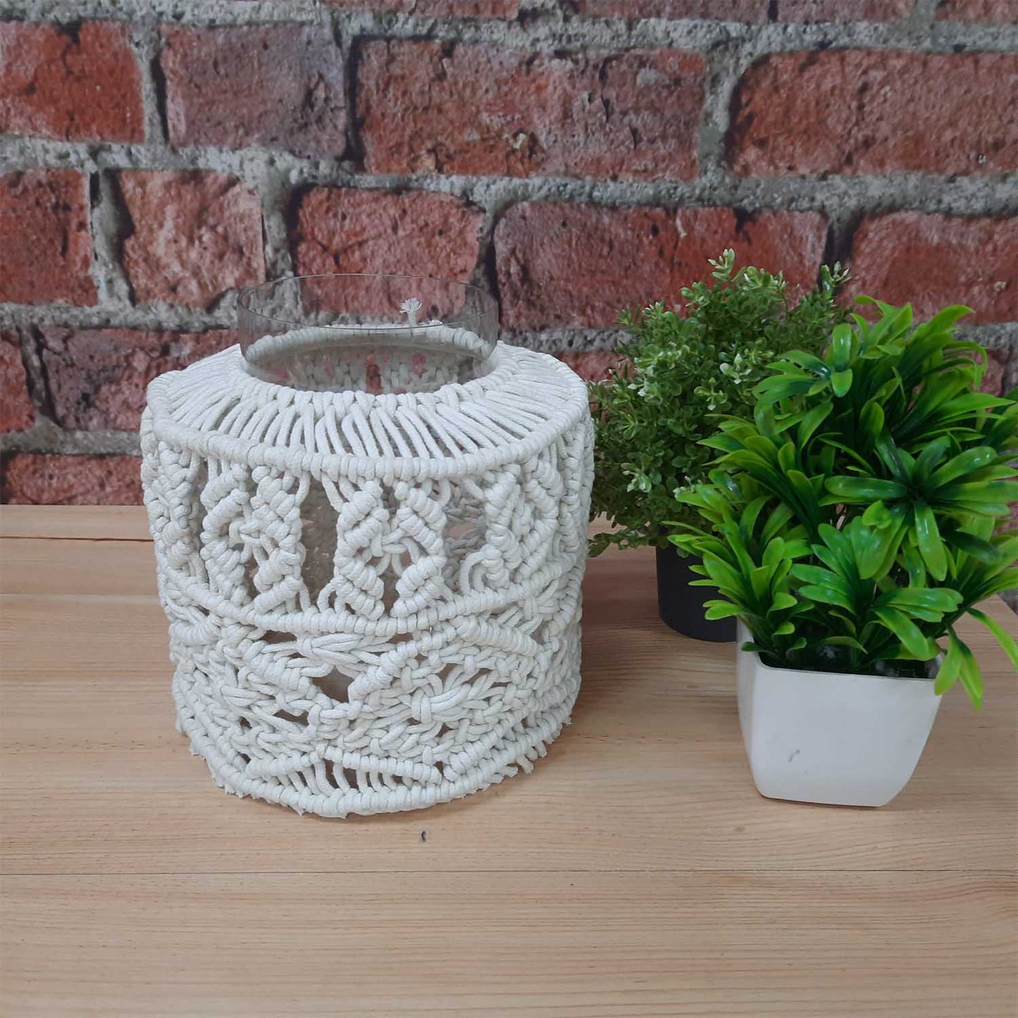 Avioni Home Hand Moulded Glass Jars With Beautifully Crafted Macrame Cover Candle Lantern-7.5 X4.5 Inches (19*11.5 cms)