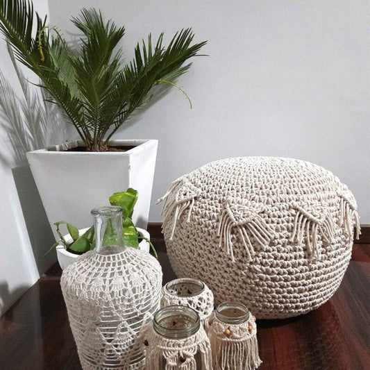 Avioni Home BigMo Collection – Boho Knotted Cotton Pouf / Ottoman / Natural Mystic Off-White – 45cm x 50cm x 50cm