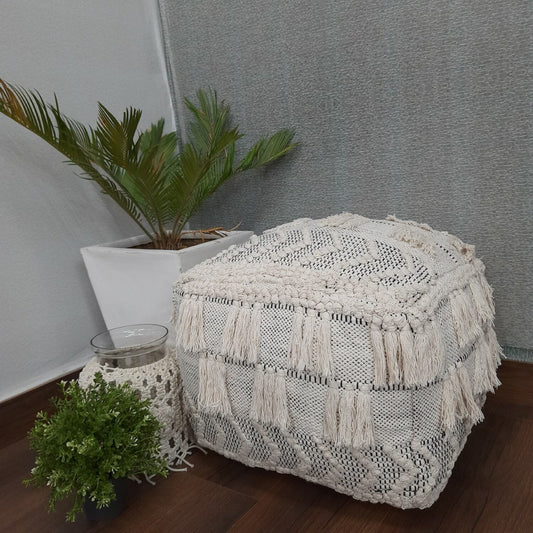 Avioni Home BigMo Collection -Cube Pouf With Tassels Gray -35cm x 50cm x 50cm