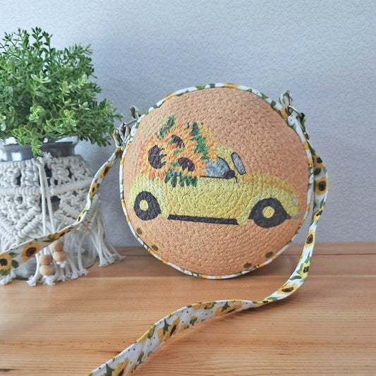 Premium Sling Bag for Women, Avioni Fashion Shoulder Bag, Bohemian Style Sunflowers In Car, Braided Sides Round Sling Bag, Perfect For Gifts and Traveling-25 cms Diameter