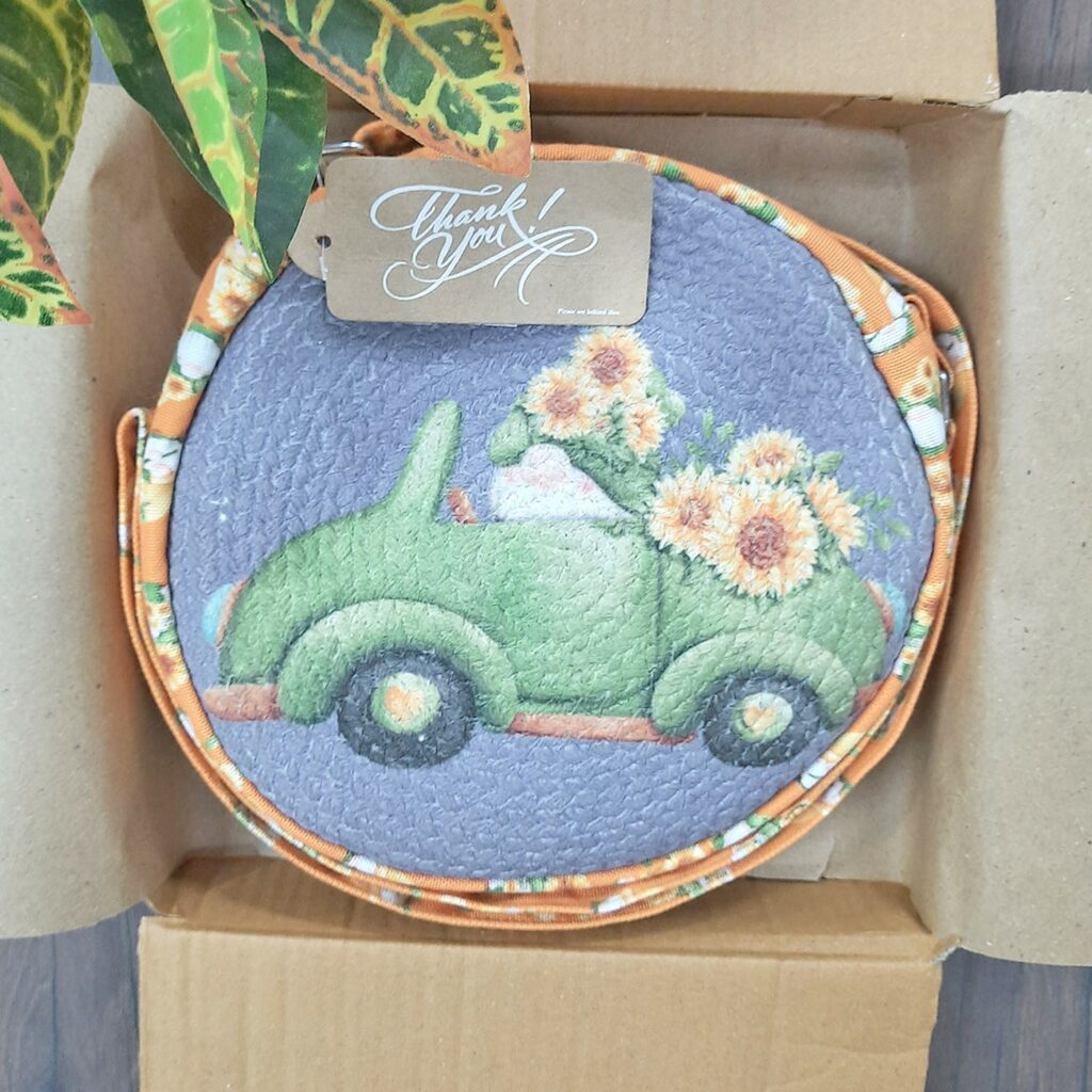 Premium Sling Bag for Women, Avioni Fashion Shoulder Bag, Bohemian Style-Gnome in Car , Braided Sides Round Sling Bag, Perfect For Gifts and Traveling-25 cms Diameter