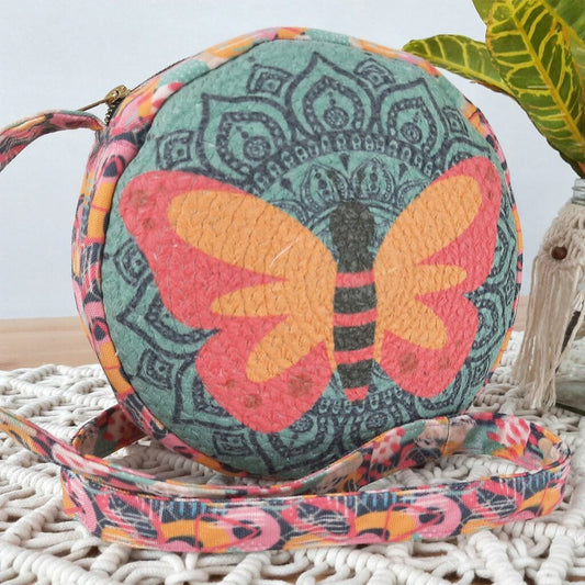 Premium Sling Bag for Women, Avioni Fashion Shoulder Bag, Bohemian Style-Colourful Butterfly , Braided Sides Round Sling Bag, Perfect For Gifts and Traveling-25 cms Diameter