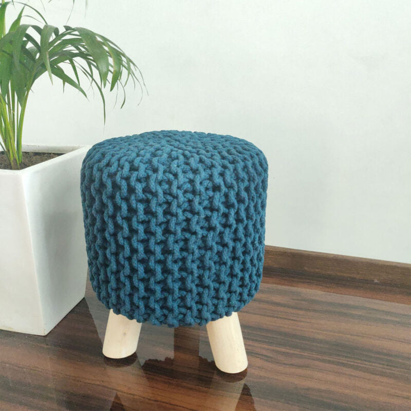 BIGMO Luxury Hand Knotted Boho Look Stool/ Ottoman (3 Legs-Natural Finish)- Dark Turquoise-35cm X 35cm X 45cm
