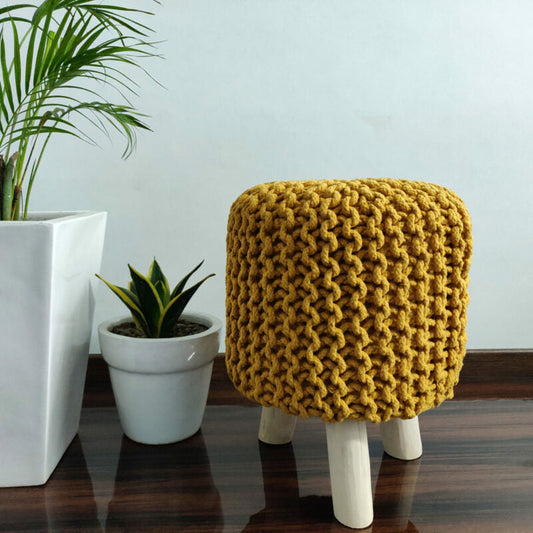BIGMO Luxury Hand Knotted Boho Look Stool/ Ottoman (3 Legs-Natural Finish)-Mustard Yellow-35cm X 35cm X 45cm