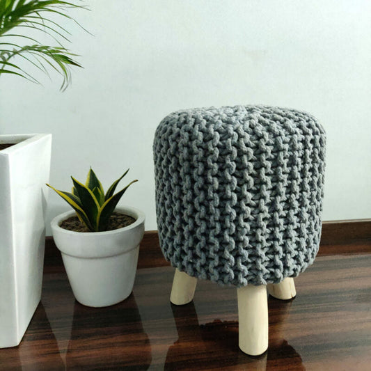 BIGMO Luxury Hand Knotted Boho Look Stool/ Ottoman (3 Legs-Natural Finish)-Gray-35cm X 35cm X 45cm