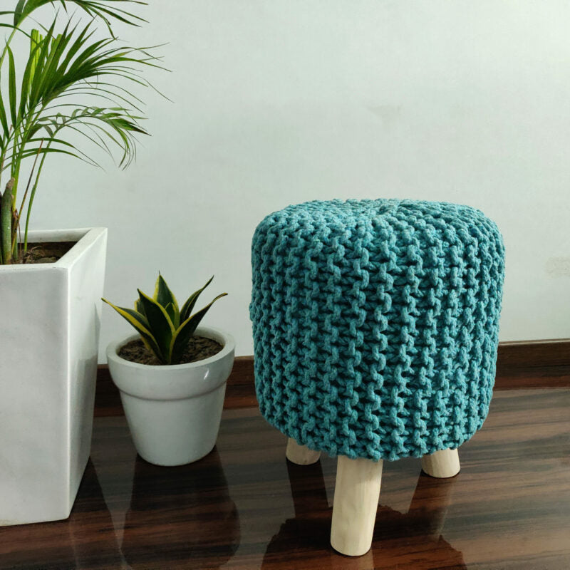 BIGMO Luxury Hand Knotted Boho Look Stool/ Ottoman (3 Legs-Natural Finish)-Turquoise)-AVISTOOL3ROUND19007 -35cmX35cmX45cm