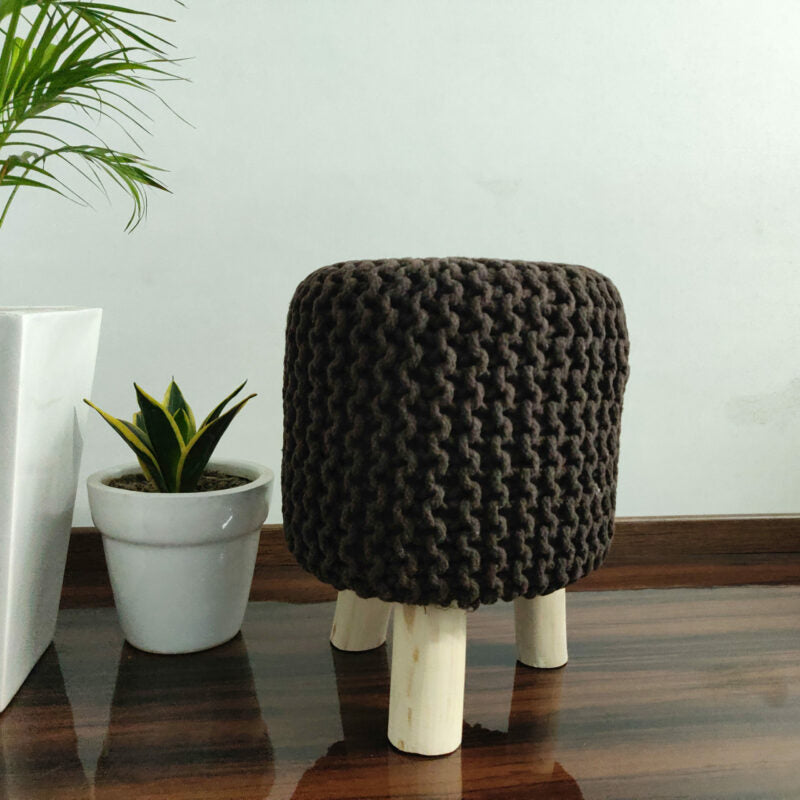 BIGMO Luxury Hand Knotted Boho Look Stool/ Ottoman (3 Legs-Natural Finish)-Brown-35cm X 35cm X 45cm