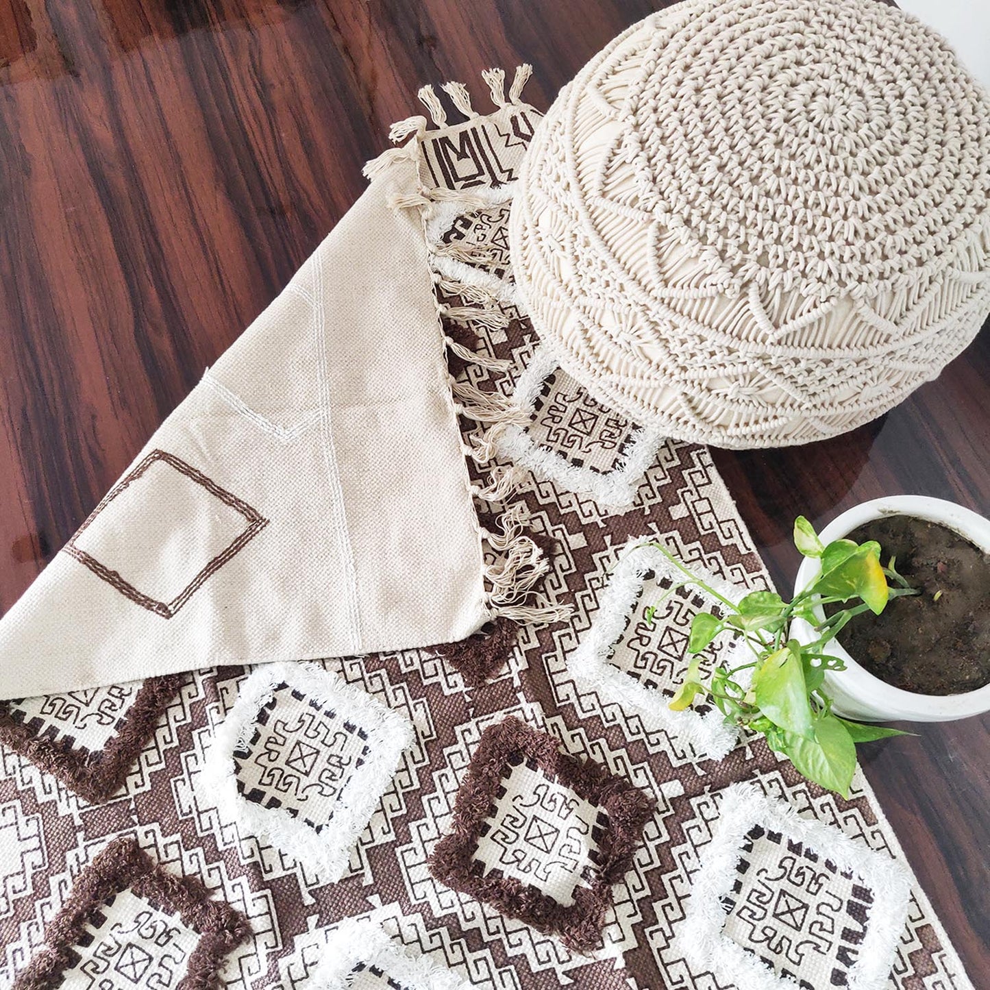 Avioni Boho Look Cotton Printed & Part Tufted Floor Rug / Durrie – Brown Diamonds-90cm x 150cm (~3Feet x 5Feet)