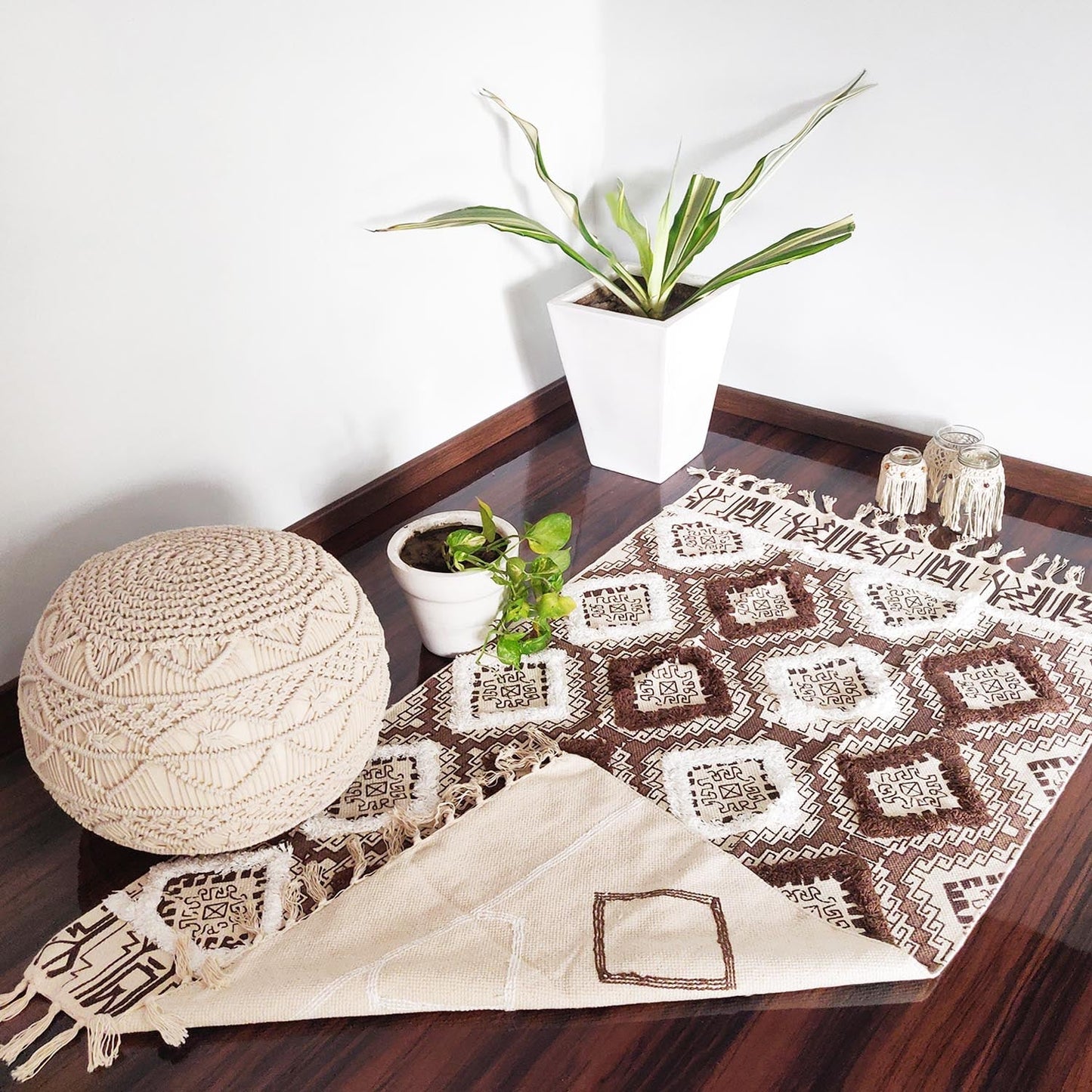 Avioni Boho Look Cotton Printed & Part Tufted Floor Rug / Durrie – Brown Diamonds-90cm x 150cm (~3Feet x 5Feet)