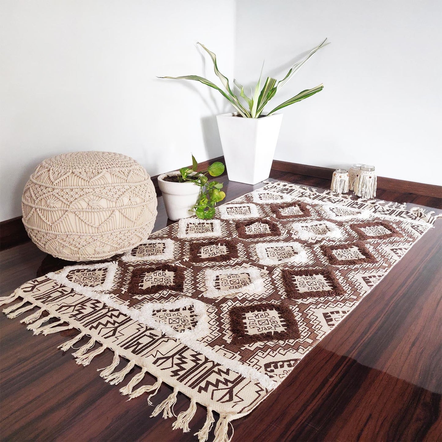 Avioni Boho Look Cotton Printed & Part Tufted Floor Rug / Durrie – Brown Diamonds-90cm x 150cm (~3Feet x 5Feet)
