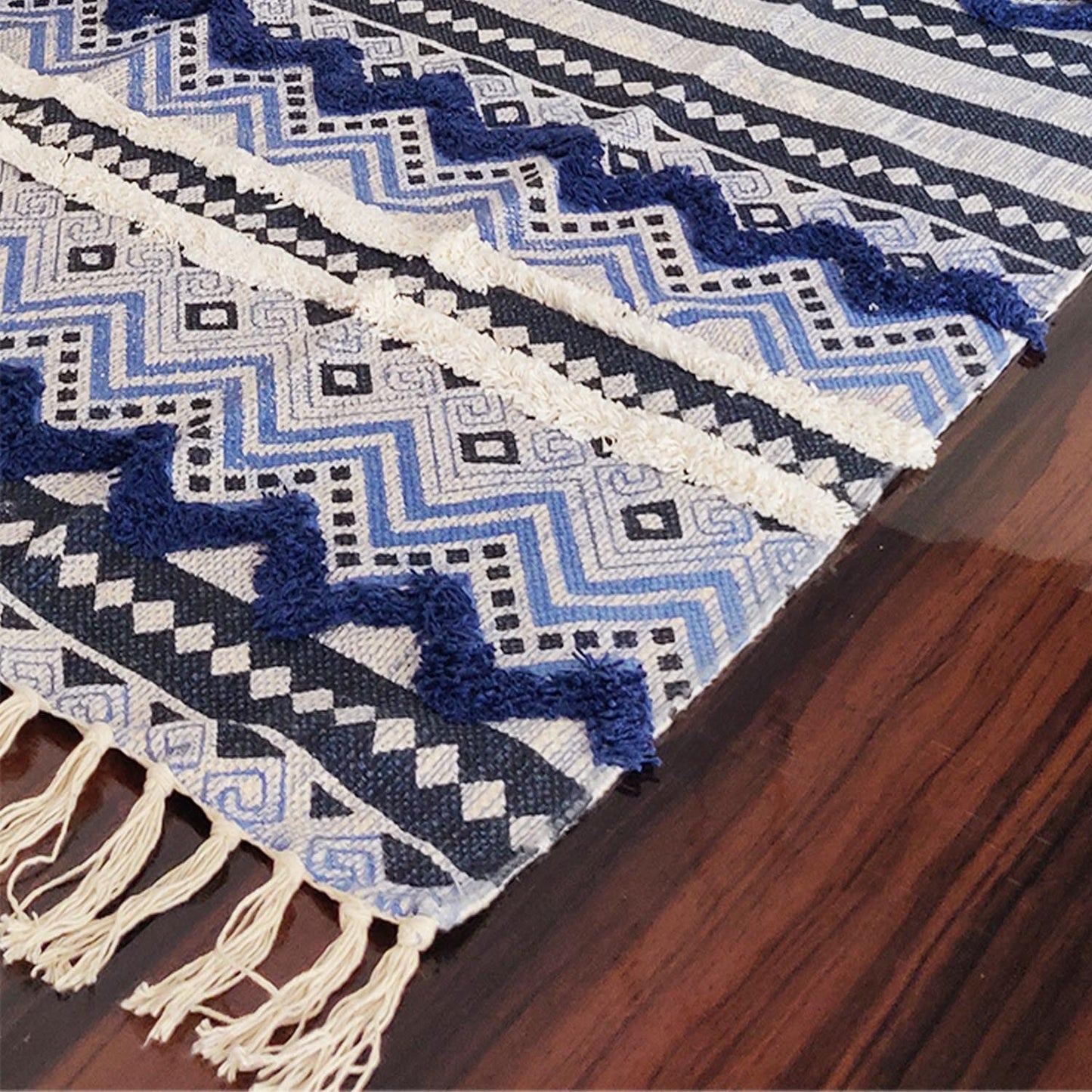 Avioni Boho Look Cotton Printed & Part Tufted Floor Rug / Durrie – Blue with White Tufting-120cm x 180cm (~4Feet x 6Feet)