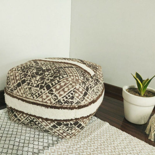Avioni Boho Look Cotton Printed & Part Tufted Poufs/Ottoman Large Size- Brown-40cm × 40cm × 35 cm
