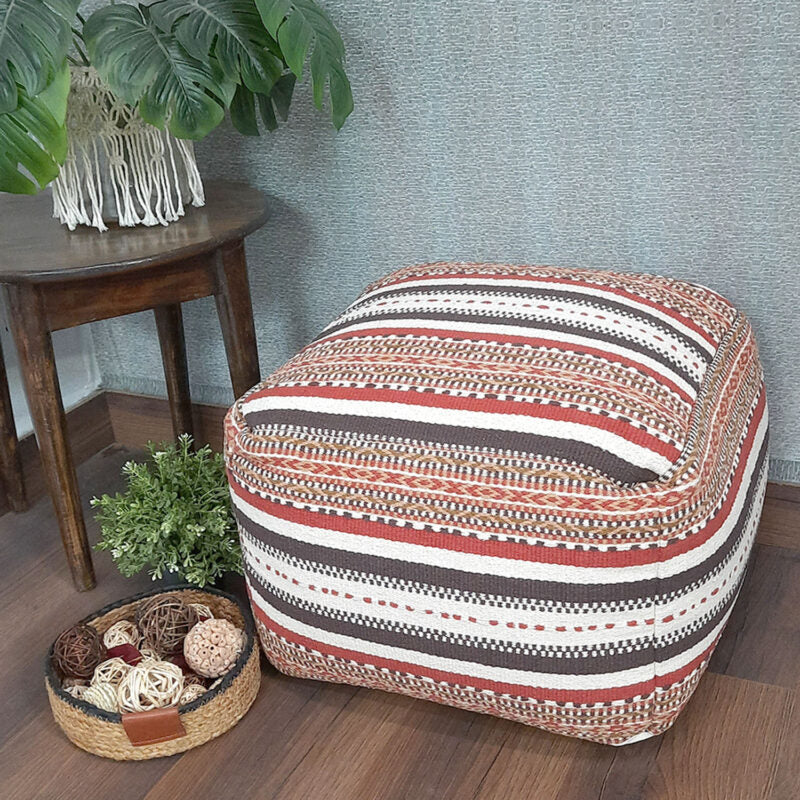 Avioni Home BigMo Earthy Collection – Ethnic Red, Brown and White Pattern Boho Pouf -40cm x 55cm x 55 cm