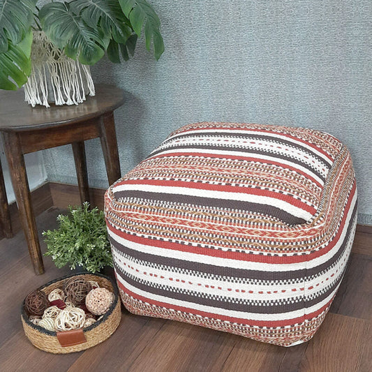 Avioni Home BigMo Earthy Collection – Ethnic Red, Brown and White Pattern Boho Pouf -40cm x 55cm x 55 cm