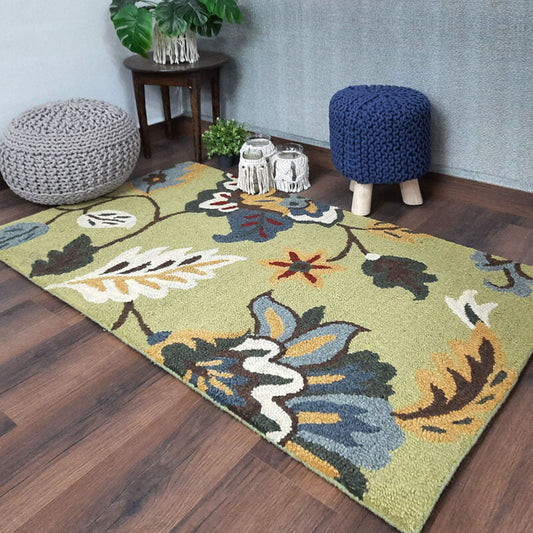 Wool Hand Tufted Beautiful Floral Green Carpet | Loop Pile | Avioni -90cm x 150cm (~3×5 Feet)