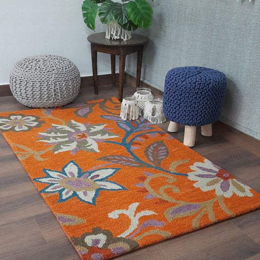 Winter Sale | Wool Hand Tufted Beautiful Floral Orange Carpet | Loop Pile | Avioni -90cm x 150cm (~3×5 Feet)