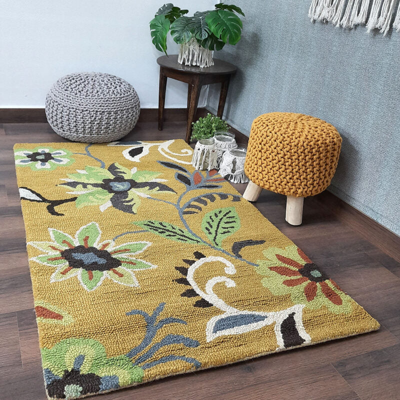 Wool Hand Tufted Beautiful Floral Green Shades Carpet | Loop Pile | Avioni -90cm x 150cm (~3×5 Feet)