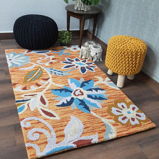 Wool Hand Tufted Floral Beautiful Yellow & Brown Tones Carpet | Loop Pile | Avioni -90cm x 150cm (~3×5 Feet)