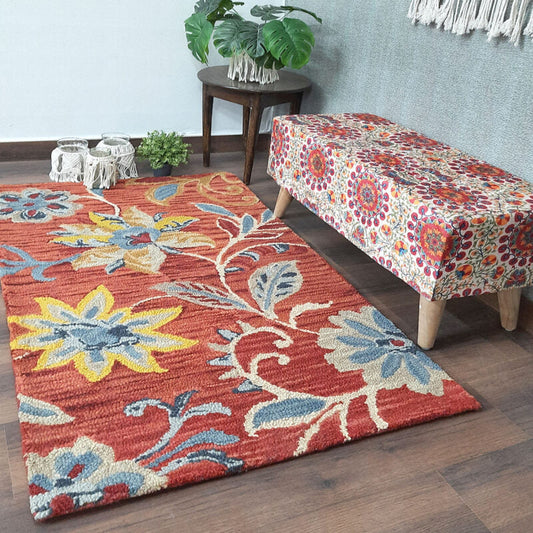 Wool Hand Tufted Floral Beautiful Brown & Red Tones Carpet | Loop Pile | Avioni -90cm x 150cm (~3×5 Feet)
