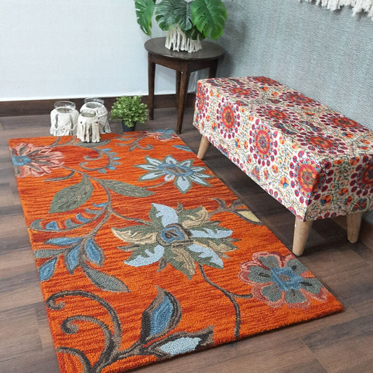 Wool Hand Tufted Floral Beautiful Orange Tones Carpet | Loop Pile | Avioni -90cm x 150cm (~3×5 Feet)
