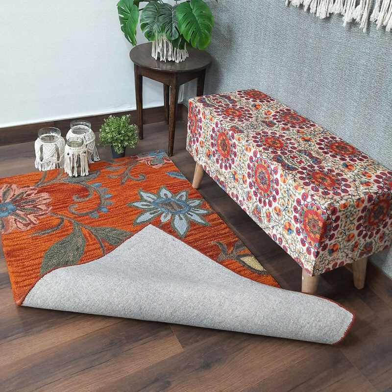 Wool Hand Tufted Floral Beautiful Orange Tones Carpet | Loop Pile | Avioni -90cm x 150cm (~3×5 Feet)
